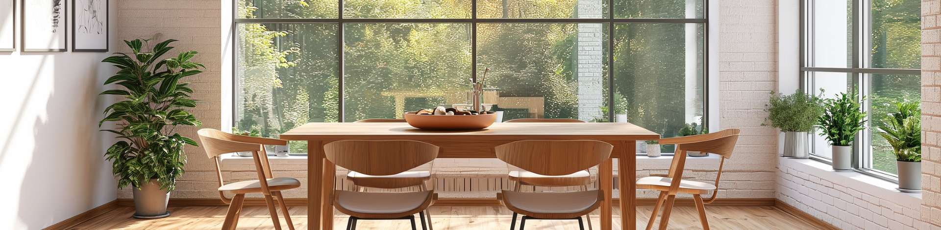 A Dining room with a wooden table 