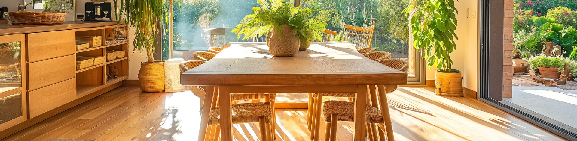 A Dining room with a wooden table and many plants, overlooking a green garden.